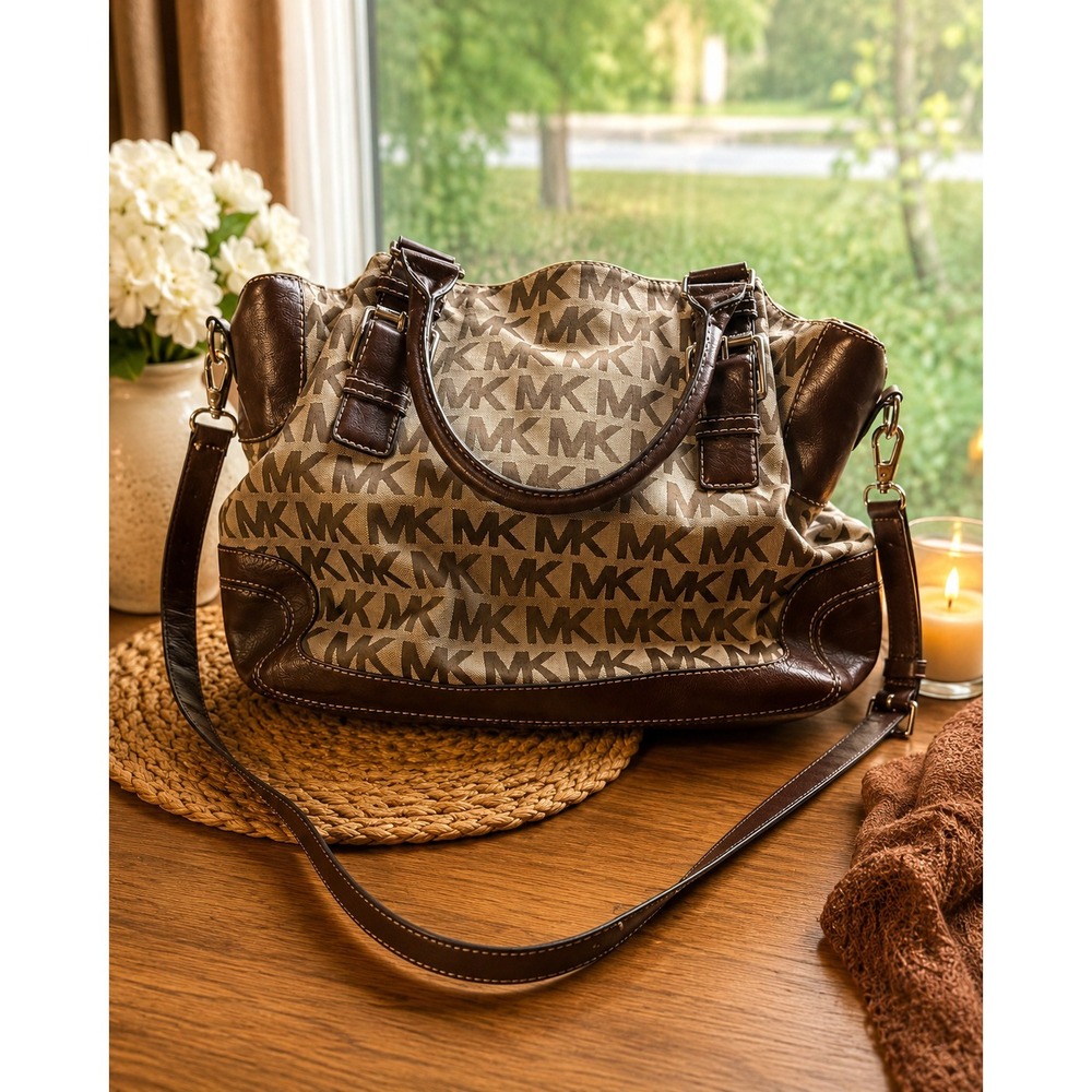 Michael Kors MK Logo Satchel Crossbody Bag Brown Jacquard Leather Trim Large Pur